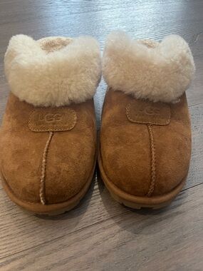 UGG Chestnut Suede Shearling Cuff Slip-On Coquette Slippers
